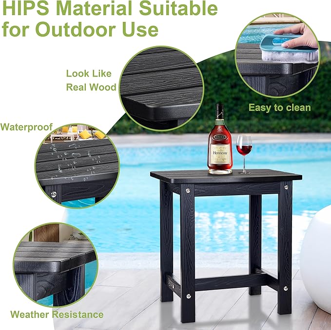 Y&M Outdoor Side Table, HIPS Adirondack Small Single Table, Waterproof Square Outside Table, Balcony Modern End Tables for Patio, Pool, Beach, Porch, Deck, Indoor or Outdoor Use (Black, 2 Pack)