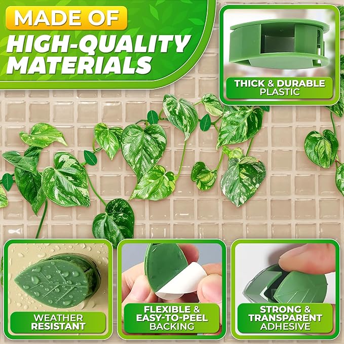 60Pcs Plant Climbing Wall Fixture Clips with 72Pcs Self-Adhesive Stickers - Leaf-Shaped and Weather-Resistant Money Plant Vine Wall Clips - Easy Installation Pothos Climbing Support for Vines & Cables