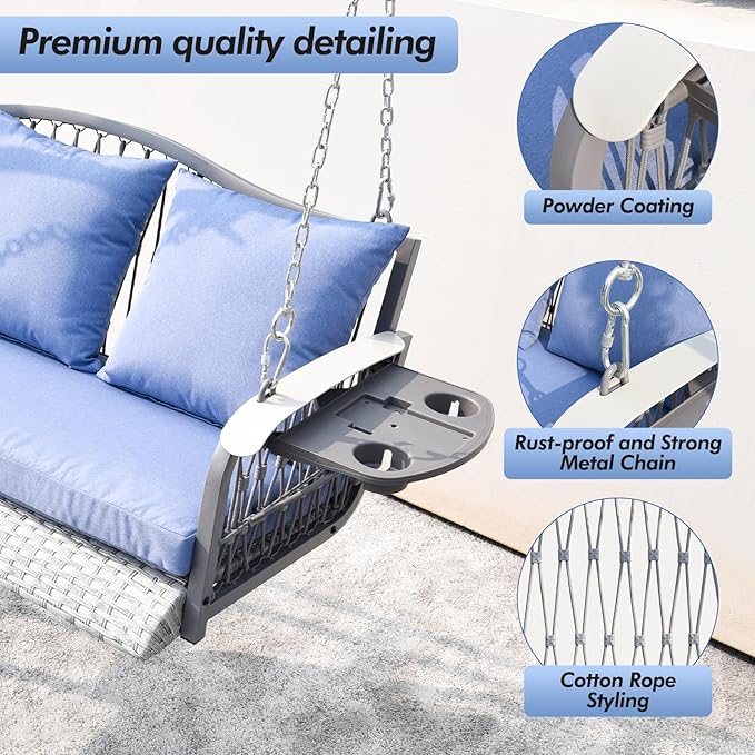 Wicker Porch Swing Heavy Duty 900 LBS 3-Seat Outdoor Patio Swing Chair with Cushions & 8.9ft Chains Outdoor Hanging Bench with Upgraded Cup Holders for Garden Deck Backyard