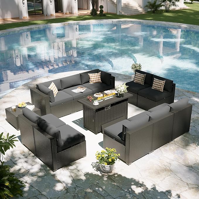 Aoxun Patio Furniture Set with Fire Pit Table, 12 Piece Outdoor Sectional Sofas, 10 Seats Wicker Rattan Outdoor Furniture with Thickened Cushion for Backyard, Garden Dark Grey