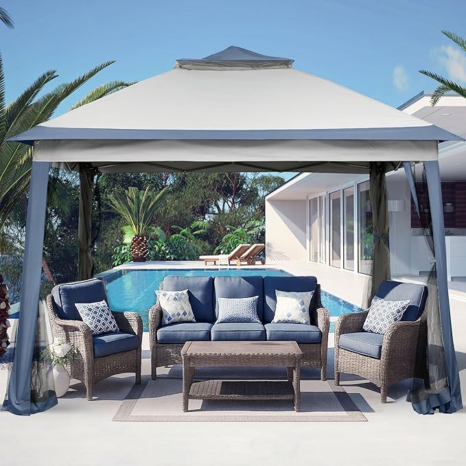 GDY 11x11 Pop Up Canopy Tent, Outdoor Canopy with Netting, Outdoor Gazebo for Backyard, Tent with Handbag, Blue.