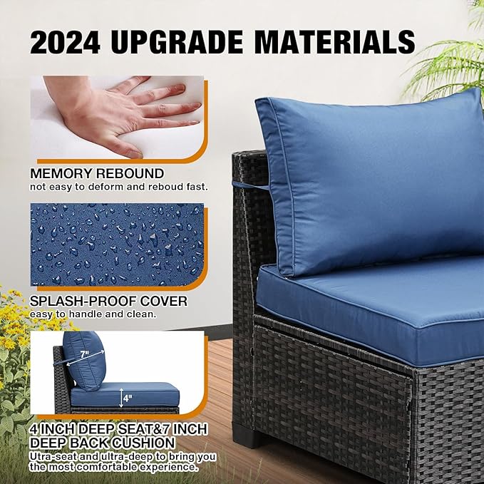 9 Pieces Patio Furniture Set All-Weather Outdoor Wicker Sectional Conversation Sofa Rattan Patio Seating Sofa with Cushion and Glass Table and Ottoman for Porch Poolside,Navy