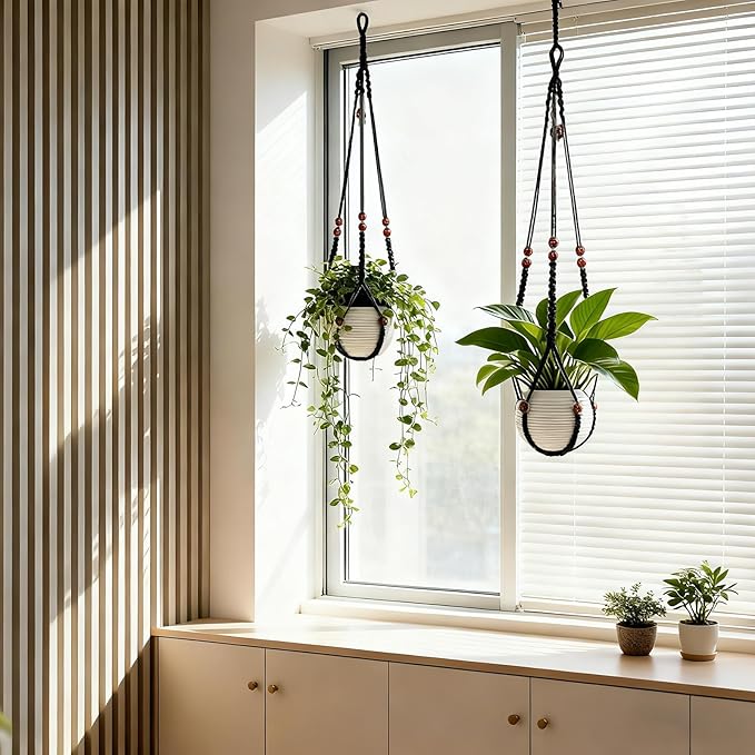 35 Inch Macrame Plant Hanger, Large for up to 15 Inch Pot Extra Long Hanging Planter Holder Basket with Wood Beads for Indoor Outdoor Home Decor (Black, 2-Pack)