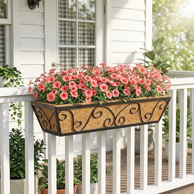 Y&M 24 Inch Window Deck with Coco Liner, Fence Metal Hanging Flower Planter Window Basket Deck Railing Planter Boxes for Outdoor Garden Lawn-Butterfly,2pcs