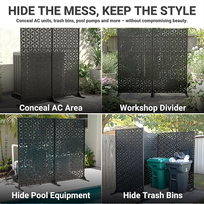 6FT Metal Privacy Screen Outdoor – Decorative Laser Cut Privacy Fence Panel for Patio, Deck & Garden, Rustproof Steel Privacy Divider, Modern Geometric Design, Freestanding Outdoor Privacy Screen