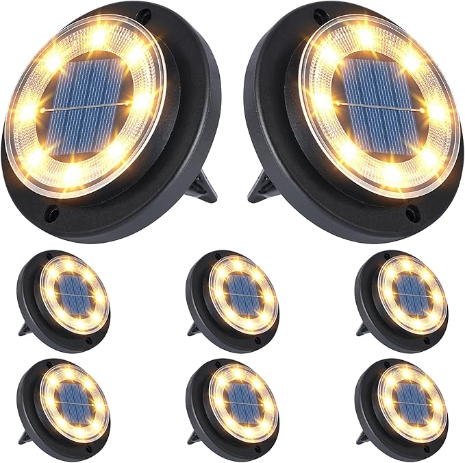 Flacchi Solar Lights Outdoor - Solar Powered Ground Lights Outdoor Solar Disk Light Waterproof Landscape Light for Patio Yard Pathway Walkway Driveway (Warm White, 8 Pack)