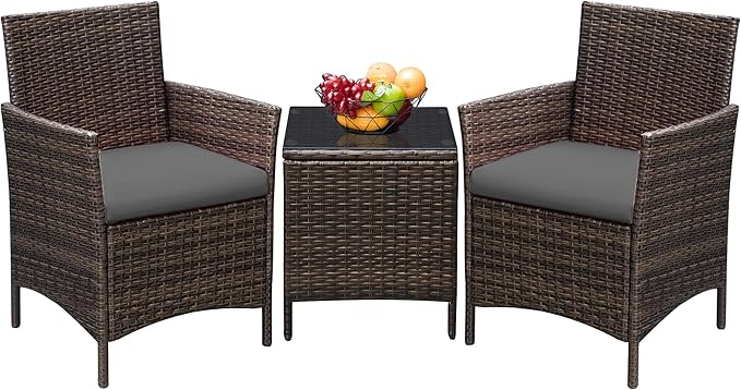 Greesum 3 Pieces Patio Furniture Sets Outdoor PE Rattan Wicker Chairs with Soft Cushion and Glass Coffee Table for Garden Backyard Porch Poolside, Brown and Gray