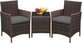 Greesum 3 Pieces Patio Furniture Sets Outdoor PE Rattan Wicker Chairs with Soft Cushion and Glass Coffee Table for Garden Backyard Porch Poolside, Brown and Gray
