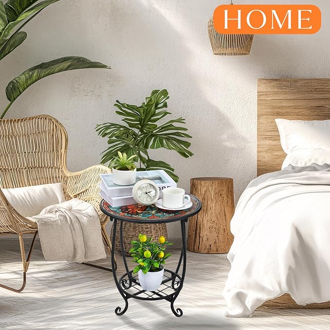 Outdoor Side Table Round Small Mosaic Patio Accent Indoor End Plant Coffee Tea Table for Yard Patio Porch Garden Living Room, Bedroom(Butterfly B Style,14 Inch)