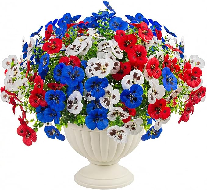 18 Pcs Artificial Fake Pansy Flowers for Outdoor, UV Resistant Faux Silk Pansies Patriotic Flowers for Outside for Planter Front Door Porch Patio Window 4th of July Home Decor (18, Red, White, Blue)