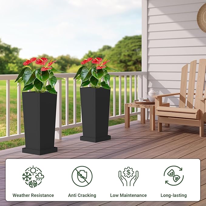 Tall Outdoor Planters Set of 2, 24 inch Tall Planters for Outdoor and Indoor, Metal Tapered Pots with Drainage Holes & Insert Shelves & Trays for Porch, Garden, Patio, Yard