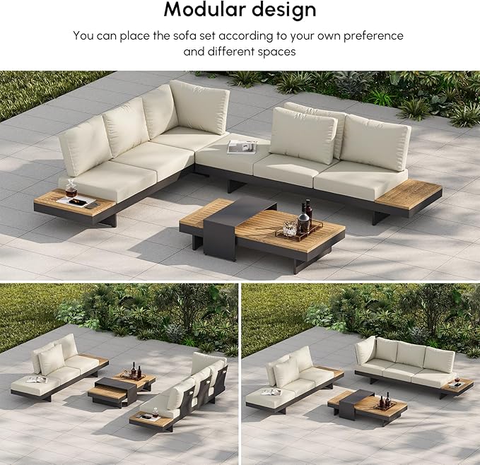 homary 6 Piece Aluminum & Teak Outdoor Sofa Set, Patio Sofa Seat L-Shaped Outdoor Sectional Sofa Set with Adjustable Backrests, Waterproof, Fade Resistant Cushions Ideal for Patios & Balconies,Beige