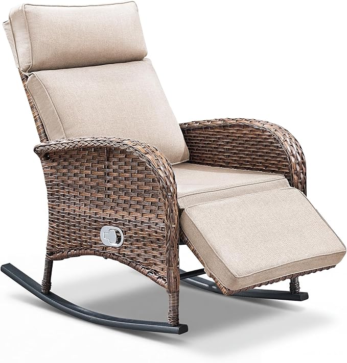 Zero Gravity Patio Rocking Wicker Recliner Chair - Wicker Outdoor Lounge Chair with Adjustable Backrest & Footrest, All Weather Reclining Rocker Chairs with Thick Cushion for Pool Deck Beige