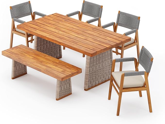 Christopher Knight Home Pasco Acacia Wood Outdoor Dining Table Set for 6, Wicker Patio Dining Set with Acacia Wood Table and Bench, Patio Table and Chair Set with Cushion+Rope Backrest,Brown+Teak+Grey
