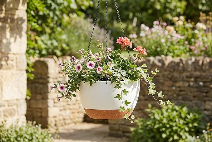 Hanging Planters 3-Pack, 8 Inch Self-Watering Hanging Pots with Drainage Hole and Chains, Plastic Planters for Indoor Outdoor（White Brown）