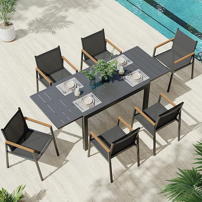 Outdoor Aluminum Patio Dining Table Set for 6-8 Person, Expandable Outdoor Table and 6 Chairs with Textilene Fabric & HDPS Armrest, All-Weather Patio Furniture Set for Yard, Garden, Gray