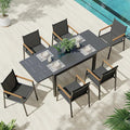 Outdoor Aluminum Patio Dining Table Set for 6-8 Person, Expandable Outdoor Table and 6 Chairs with Textilene Fabric & HDPS Armrest, All-Weather Patio Furniture Set for Yard, Garden, Gray