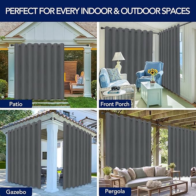 PureFit Outdoor Curtains for Patio Waterproof Weatherproof, UV and Fade Resistant Outside Curtains for Gazebo, Front Porch, Pergola, Sun Blocking Privacy Curtain, 120W x 84L inch, 1 Panel, Gray