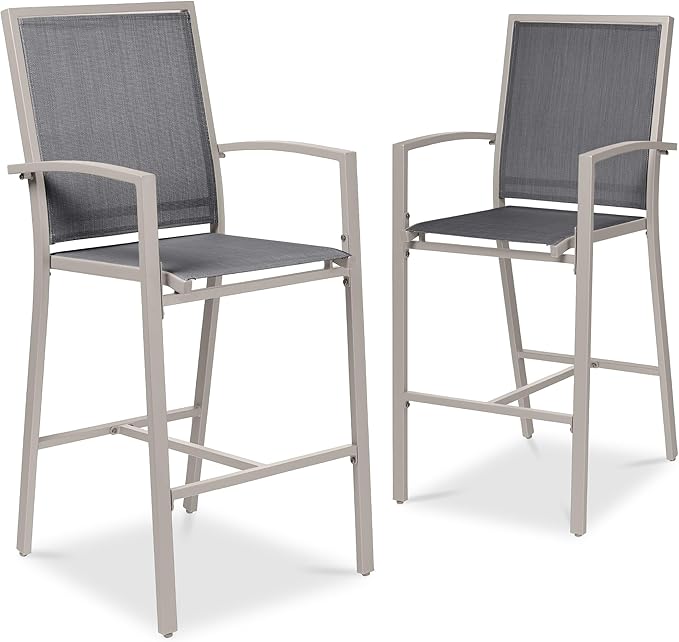 Best Choice Products Outdoor Bar Stools Set of 2, Bar Height, Patio Furniture, All Weather Mesh Design w/Armrest - Taupe/Charcoal