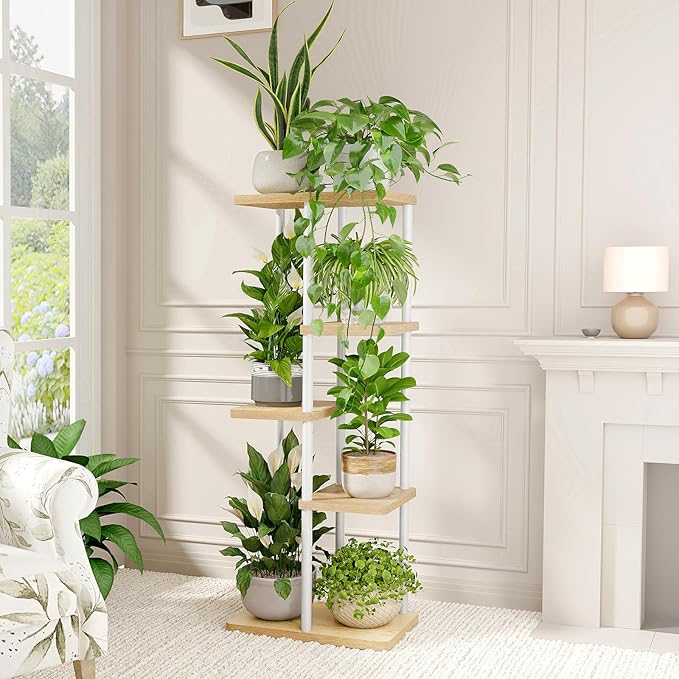 Bamworld Corner Plant Stand Indoor 5 Tier white Plant Shelf for Multiple Plants, Tiered Flower Pot Stands for Patio Garden Balcony Living Room Bedroom, White