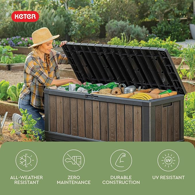 Keter Signature Collection 92 Gallon Resin Deck Box Organization and Storage Box for Patio Outdoor Cushions, Throw Pillows, Garden Tools and Pool Supplies, Walnut