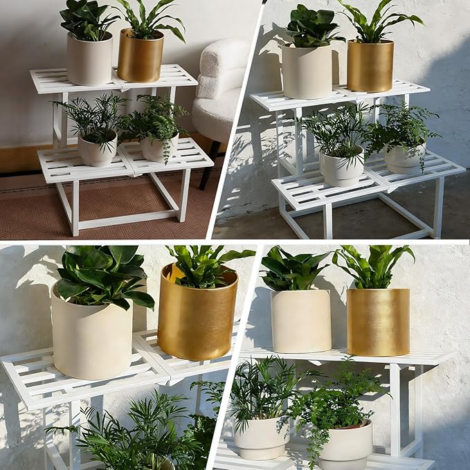 Metal Plant Stand Indoor, Outdoor Iron Plant Shelf, Heavy Duty Slatted Display Shelf for Patio Balcony Garden Living Room Load Bearing 330 LB 26" L x 20.2" H x 17.7" W 2 Tier White