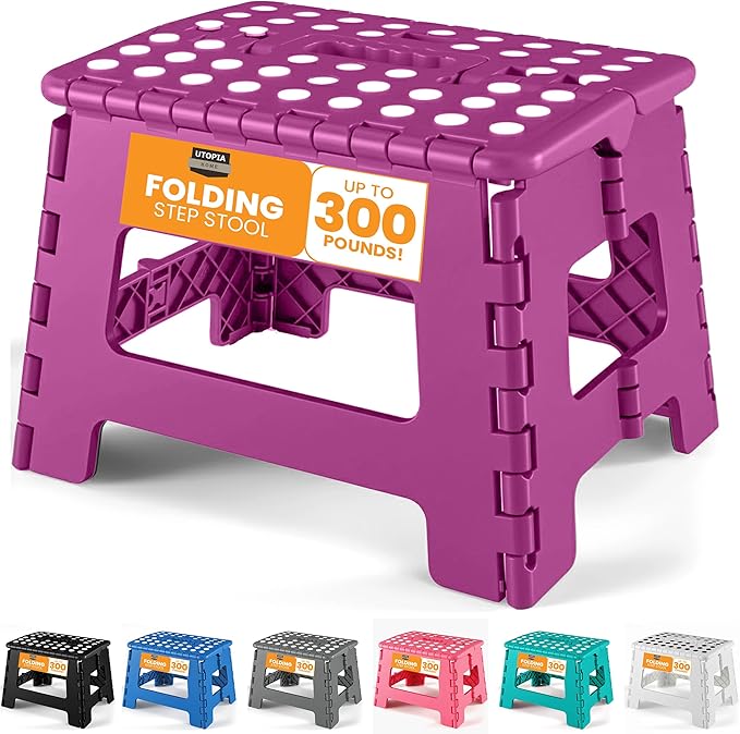 Utopia Home Folding Step Stool with Handle – 9 Inch Anti Slip Collapsible Stool – Holds Up to 300 lbs – Sturdy Plastic Step Stool Foldable for Kitchen, Bathroom and Home Use (1-Pack, Purple)