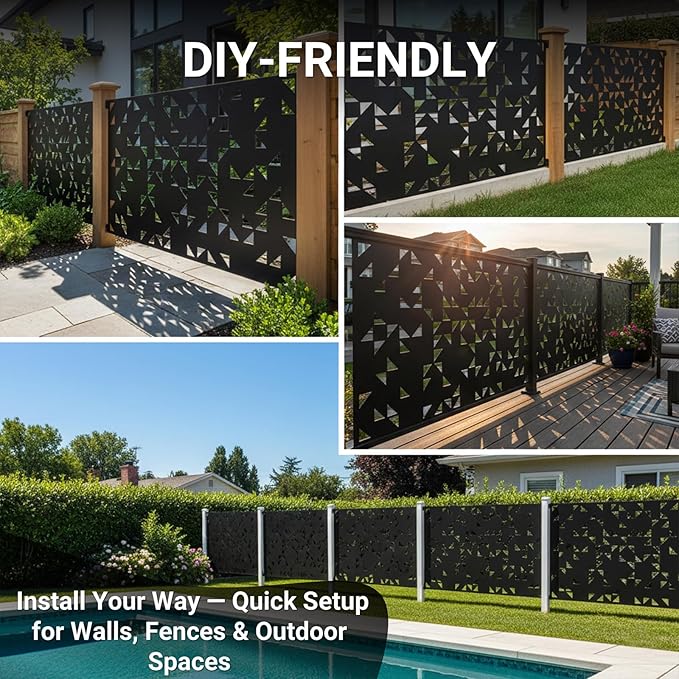 Metal Privacy Screen Outdoor 6FT – Laser-Cut Geometric Mosaic Decorative Steel Panel, Weather-Resistant Freestanding Rustproof Privacy Wall Divider for Patio, Garden, Deck & Balcony