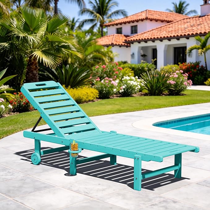 SERWALL Patio Chaise Lounge Chair, HDPE Outdoor Lounge Chair with Cup Holder, 5 Positions Adjustable Poly Lounger with Rolling Wheels for Poolside, Deck, Sunbathing, Aruba