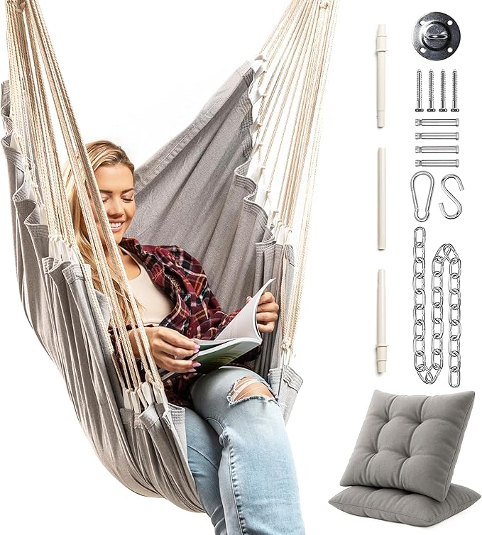 Hanging Hammock Chair Swing – Hanging Chair Outdoor & Indoor - Hammock Swing Chair – Quick & Easy Setup with Hardware Kit – Durable & Spacious Full Body Support with 2 Plush Cushions – Holds 440 Lbs