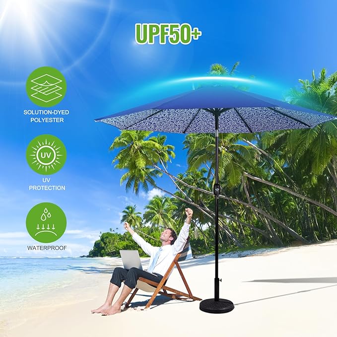 Backyard Expressions 9 ft. Patio Umbrella, Market Table Umbrella w/Tilt and Crank, 8 Ribs