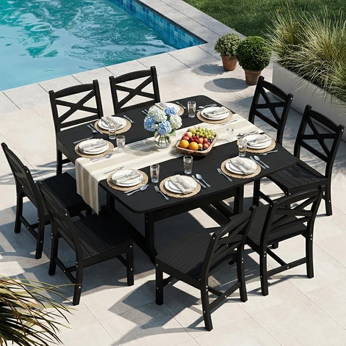 Outdoor Dining Set, HDPE 9-Piece Patio Table and Chairs Set, All-Weather Outdoor Dining Table Set for 8 with Umbrella Hole, Durable Patio Furniture Set with Chairs,Black