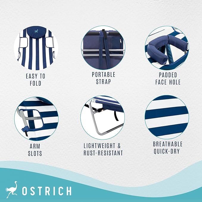 Ostrich the Backpack Chaise Lounge, Folding & Reclining Outdoor Beach Chaise Lounger Chair for Lawn, Pool, Patio, Garden, and Yard, Blue Stripe