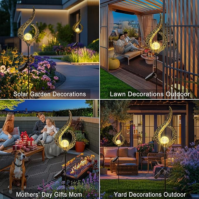 Outdoor Garden Gifts Solar Lights Stake Waterproof, Mothers Day Gifts Mom, Crackle Glass Metal Flower LED Yard Art Ornaments Lights for Pathway, Lawn or Courtyard, Birthday Gifts Women (Bronze)