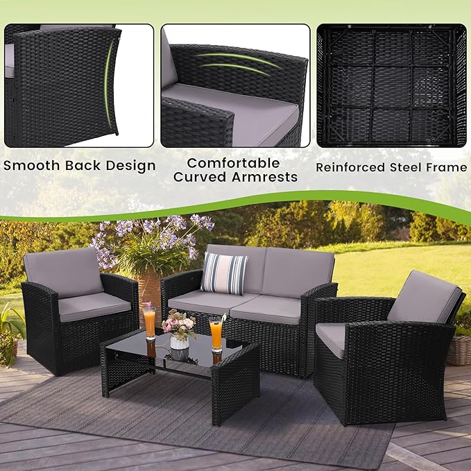4-Piece Patio Furniture Set, Wicker Outdoor Rattan Sectional Sofa with Cushions and Glass Table, All-Weather Outdoor Conversation Set, Ideal for Garden, Porch, Backyard, Grey