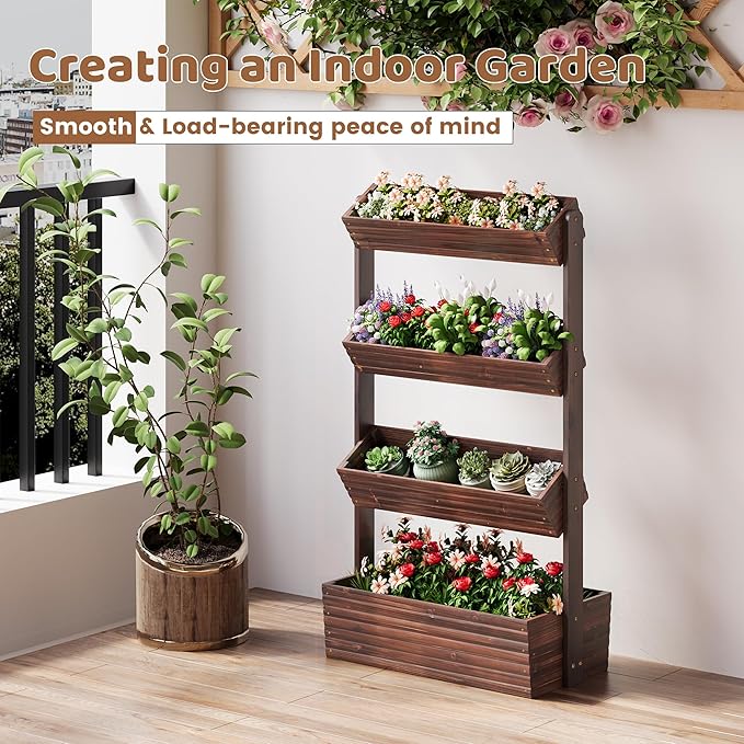 FILWH Wooden Raised Garden Bed Vertical Planter Box, Freestanding Plant Stand for Indoor Outdoor Plants, Herbs, Flowers, Vegetables, Gardening (Carbonized, 4-Tier，29.9 x 17.9 x 55in)