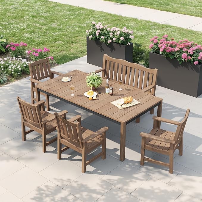 Stoog Outdoor Benches Set of 2, 2-Person Poly Lumber Garden Bench with Real Wood Look, Never Fade & Rust-Proof, All-Weather for Patio, Porch, Deck, and Backyard, Teak