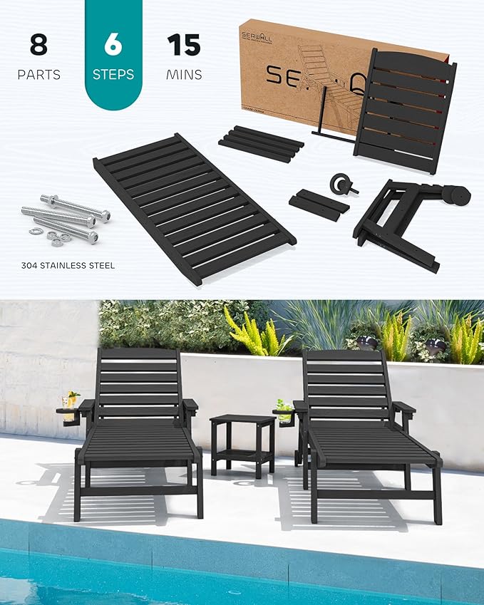 SERWALL Patio Chaise Lounge Chair Set of 4, 5 Positions Adjustable Poly Outdoor Lounger for Pool, HDPE Lounge Chair with Rolling Wheels & Cup Holder for Poolside, Deck, Obsidian Black