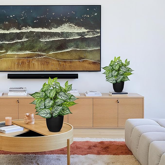 14.5" Artificial Plants Indoor Home Decor, Fake Potted Silk Plants for Shelves Living Room Decorative, Small Artificial Office Desk Plant in Pots, Faux Potted Greenery Tropical House Plant, Set of 2