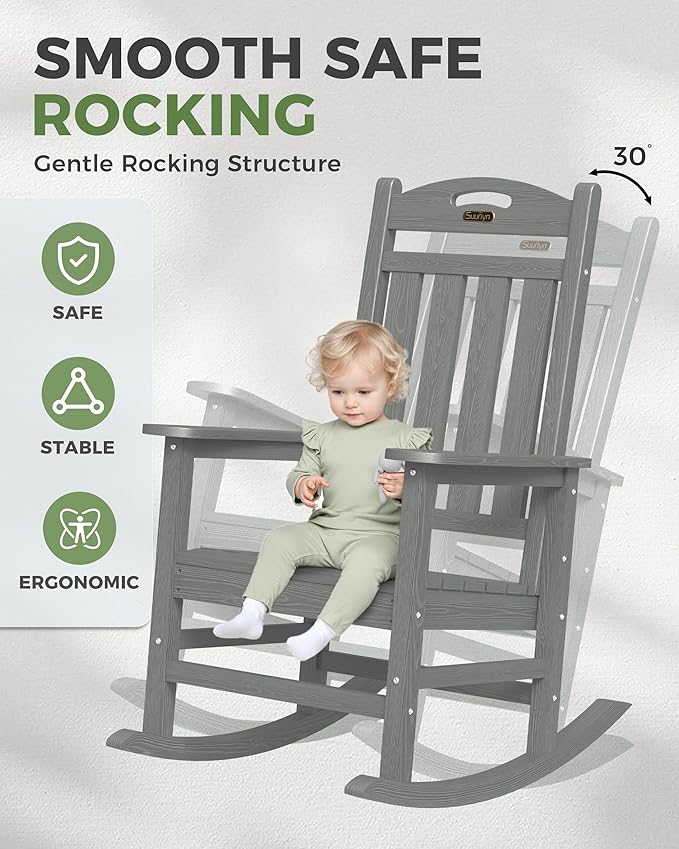 Oversized Outdoor Rocking Chairs Set of 2, High Back Porch Rocker Chair, HDPE Rocking Chairs for Patio, Living Room, Light Grey