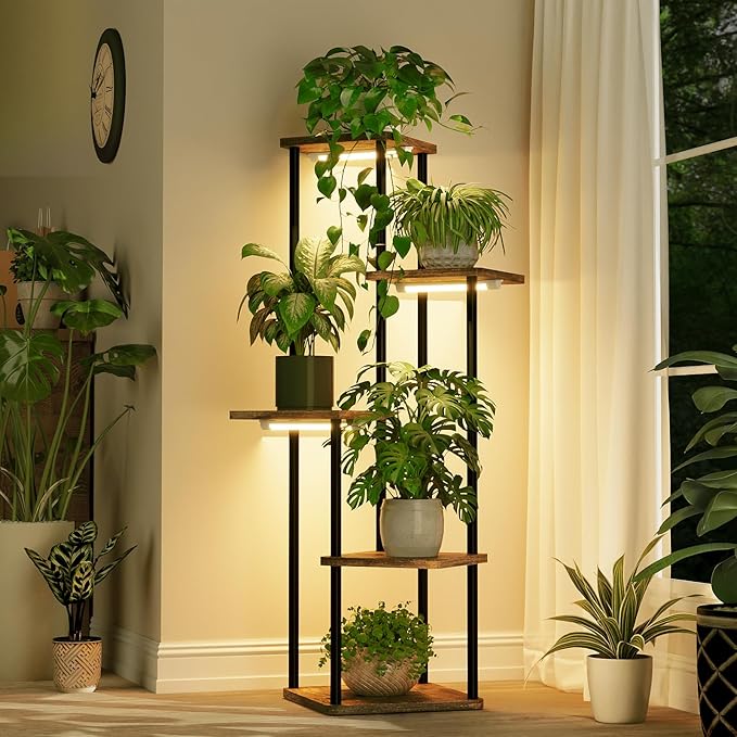 Bamworld Tall Plant Stand Indoor with Grow Light Corner Plant Stand for Indoor Plants 5 Tier Metal Wood Plant Shelf with Grow Lights for Living Room Bedroom Patio Garden Balcony Decor