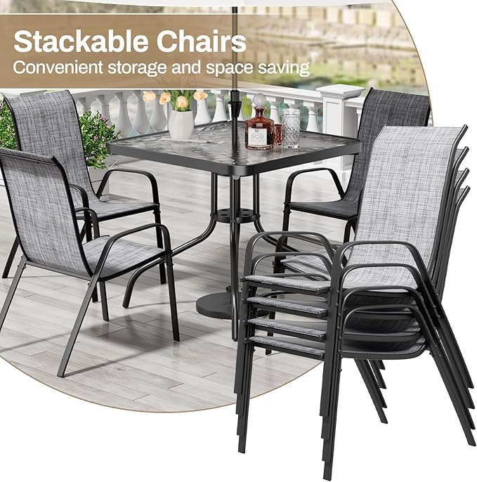 TLSUNNY Patio Dining Set 5 Pieces, All Weather Outdoor Furniture W/30"X 30" Table and 4 Stackable Textilene Chairs, Metal Table and Chairs for Lawn, Garden, Poolside, Backyard (Umbrella not Included)