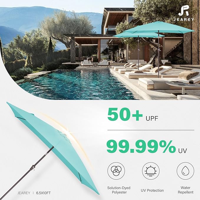 JEAREY 6.5x10 ft Rectangular Patio Umbrellas Rectangle Outdoor Umbrella with Push Button Tilt and Crank, Market Table Umbrella 6 Sturdy Ribs UV Protection for Poolside Garden Backyard Deck, Peacock Blue