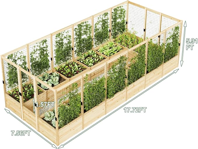 AMERLIFE Raised Garden Bed with Deer Proof Fence, 7.5Wx17Dx6H Outdoor Wooden Raised Garden Bed Planter with 19" Depth Planter Box