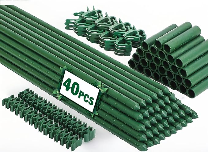 Garden Stakes 40 Pack, 16 Inch Plastic Coated Metal Tomato Stakes, DIY 4ft 5ft 6ft 7ft Plant Support Stakes with 28 Connectors 28 Rotatable Clips 28 Plant Clips for Indoor Outdoor Vegetables