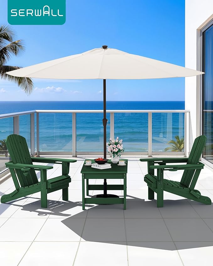 SERWALL Outdoor Coffee Table with 9FT Umbrella, HDPE Patio Coffee Table for Outside, Rectangle, Green(Not Include Umbrella Base)