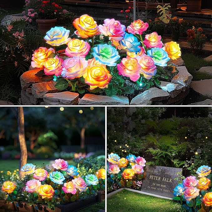10 Pack Solar Flowers Lights Outdoor Waterproof for Garden Decor, Solar Garden Lights for Outside, Outdoor Solar Lights for Yard with Solar Rose Lights, Yard Decorations
