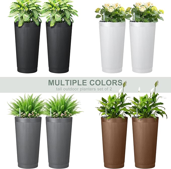 24” Tall Outdoor Planters Set of 2, Self Watering Flower Pots White Planters for Outdoor Plants, Modern Plastic Tall Planter for Front Porch, with Drainage Hole (Ribbed)