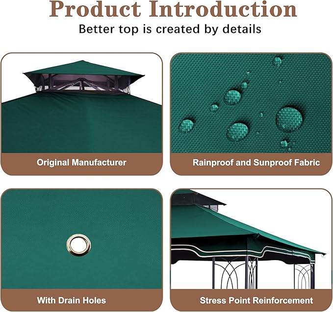 SCOCANOPY Replacement Gazebo Canopy for 10 x 12 Regency II Patio Gazebo Model L-GZ798PST,A101004104,A101004105,(Forest Green)