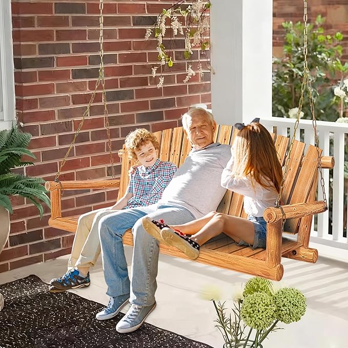 Outdoor Porch Swing Front Porch Hanging Wooden Bench Swing 3 Seat Chair for Garden, Patio, Backyard, Playground, Log Wood 800Lbs, 5 Ft, Lightly Toasted